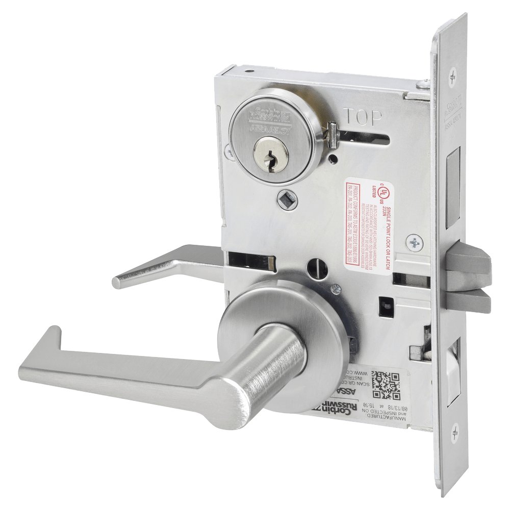 Entrance or Apartment Mortise Lock, ES Lever, A Rose, Satin Chrome